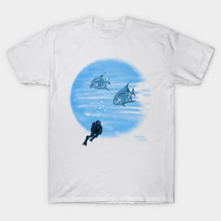 Scuba diver and shoal silver fish T-Shirt